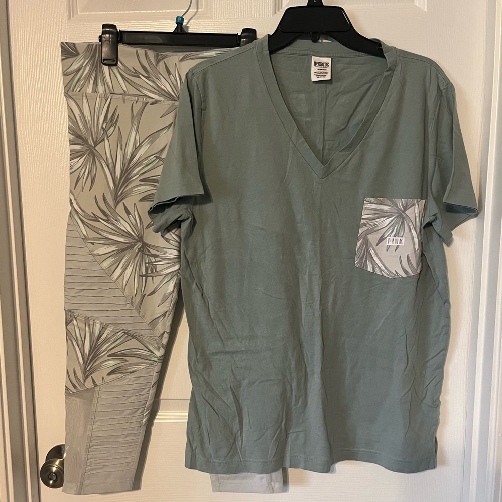 PINK Victoria Secret Green V-Neck T-Shirt and Patterned Pants Set